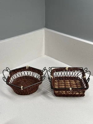 Set of 2 Wicker Baskets with Metal Handles – Square and Round Rustic Decor - Image 1 of 4