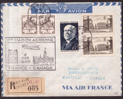 France, 1950 registered ffc first flight cover to Canada   -HI60 - Image 1 of 3