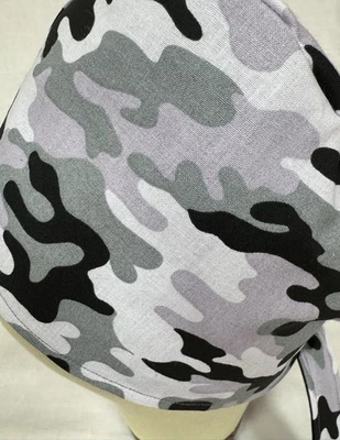 Men/Women Surgical Scrub Cap Lined Camo Camouflage Grays/Green 100% Cotton - Image 1 of 3