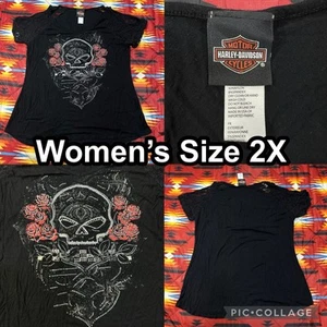 Harley Davidson Black T-Shirt Skull Roses Rhinestones Women’s Size 2X - Imagen 1 de 12