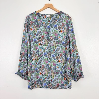 J.Jill птица цветочный печать верхний размер 3 X синий зеленый V шеи длинные рукава блузка богемное - Изображение 1 из 4