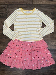 Hanna Anderson Striped 3-tier Ruffle Long Sleeve Birds Dress Girls Sz 140 US 10 - Picture 1 of 7