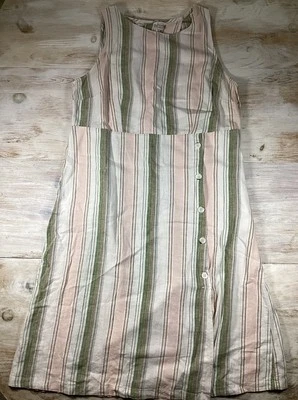 Striped Linen Blend Dress Pink Green White With Button Women’s 18/20W Beach - Image 1 of 4