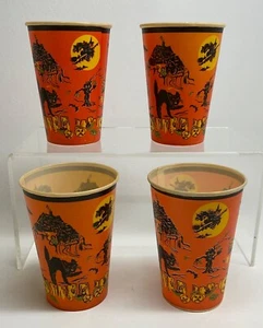 Lot VTG Halloween Reed Co. Waxy Paper Cups Witch Cat Bat Pumpkin Haunted House 4 - Picture 1 of 11