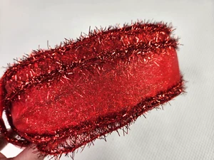 Vintage Red Tinsel Glitter Wire Ribbon Roll Spool 2" Wide 40+ Yards - Picture 1 of 4