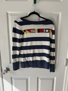 Nautica Signal Flag Intarsia Sweater S – Navy & White Stripe Knit Pullover Yacht - Picture 1 of 7