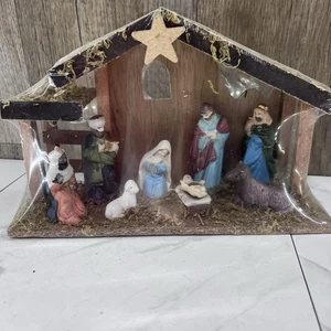 NEW Christmas Nativity 9 Piece Set Wooden Manger Stable In Original Wrap 7x11” - Picture 1 of 5