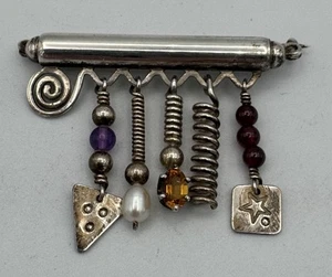 Vtg Joan Z. Hart JZH Signed Modernist Sterling With Stone Accents Brooch 1.75” - Picture 1 of 3