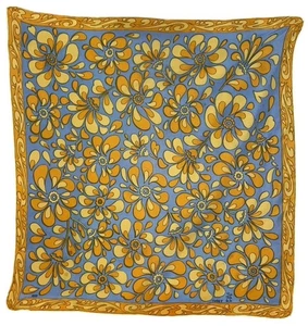 VTG 60S 70S BLUE GOLD BEIGE PSYCHEDELIC FLOWER TILE PRINT SCARF - Picture 1 of 4