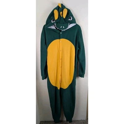 Dragon Costume Adult Fleece One Piece Hooded Suit Green Yellow Hood Halloween - Image 1 of 4