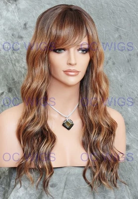 Peluca de mezcla de cabello humano resistente al calor ondas corporales largas con tapa grande rubio oscuro/marrón EVAY Foto 1 de 4