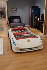 TT White Twin Race Car Bed, Sound FX, LED Lights, Premium Rear Seat - Picture 1 of 10