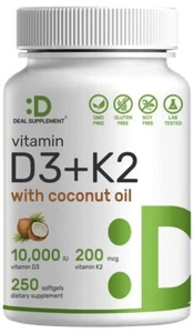 Vitamin D3 10000 IU + K2 MK7 200 Mcg Infused w/ Virgin Coconut Oil 250 Softg... - Picture 1 of 7