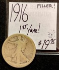 1916 Walking Liberty Silver Half Dollar Coin. (low Grade Filler, First Year) Enn