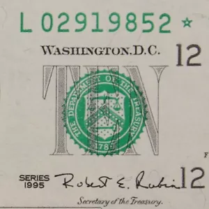 $10 1995 GEM CU Star Federal Reserve Note L02919852* ten dollar, San Francisco - Picture 1 of 3