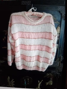 Superbe Pull Rose Raye Angora Ou Mohair Et Soie Fil Or🌸🐇⚜ - Picture 1 of 3