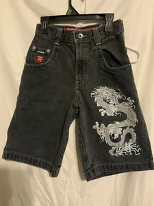 JNCO kids boys size 8 black jean shorts rare dragon print distressed kid core - Picture 1 of 6