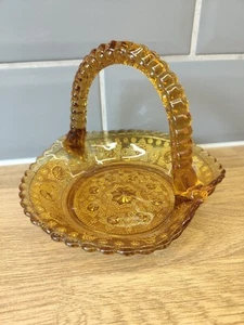 Antique Victorian Henry Greener Honey Amber Pressed Glass Basket  - Picture 1 of 7