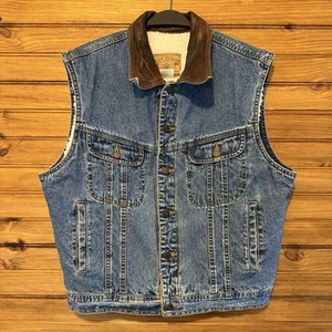 Vintage 90s Gap Denim Vest Sherpa Lined Mens Small Pockets Button Leather Trim - Picture 1 of 10