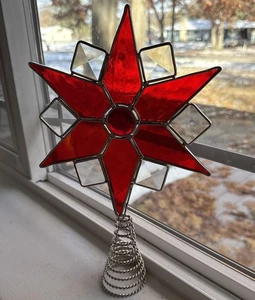Red  Stained Glass Tree Topper 12” H 8” W Christmas Star ~ VGUC - Picture 1 of 6