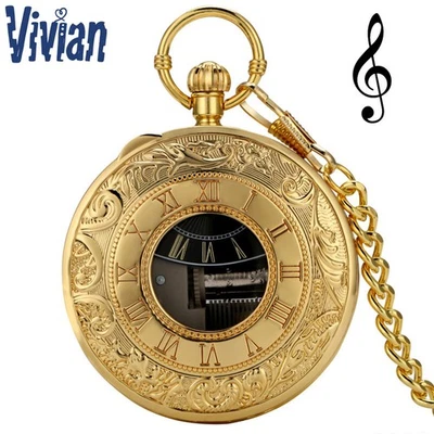 Uncommon Musical Pocket Watch Gold Roman Case Quartz Music Box Watch Unisex Gift - Image 1 of 4