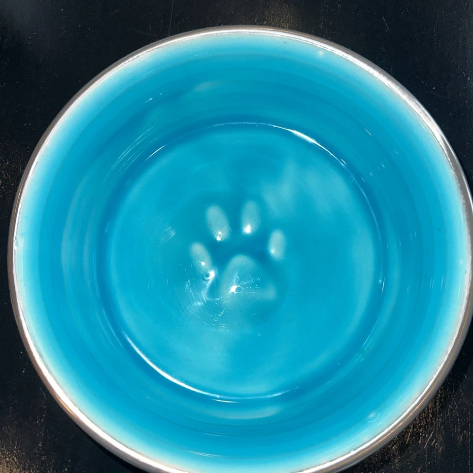 "Cuenco de cerámica Pet Paw para gatos y perros, acabado azul sena 7"" X 2"""  Foto 1 de 4