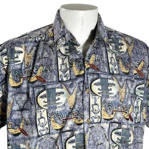Kahala Avi Hawaiian Shirt Large Tribal Symbols Boats Nautical Blue Tan Green - Picture 1 of 7