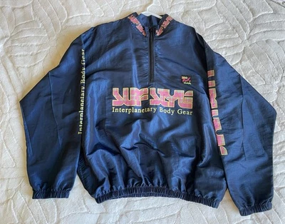Surf Style Windbreaker Jacket One Size Iridescent Blue With Pink Plaid Logos - Image 1 of 3