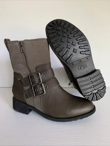 UGG WILDE SLATE LEATHER WATERPROOF MOTO BUCKLE WOMEN'S BOOTS SIZE US 7.5/UK 5.5 - Picture 1 of 16