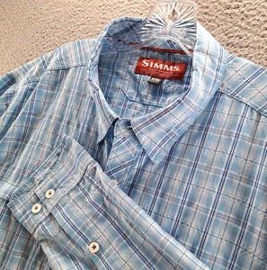 Simms Stone Cold L/S Shirt Men 2XL Blue Plaid Button Up Fishing Performance Vent - Picture 1 of 14