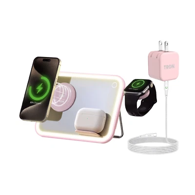 Tron 3 em 1 Qi carregador sem fio espelho, rosa, cabo de LED de 6 pés e adaptador de 25w - Imagem 1 de 4