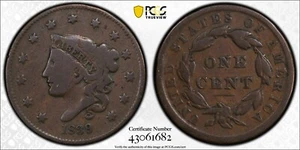 1839/6 Coronet Head Large Cent, N-1, PCGS VG-8 - Picture 1 of 5