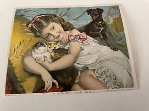 Vintage Cute Girl w/ Kittens & Dog "The Nest" Trade Card Scott's Emulsion Brown - Picture 1 of 7