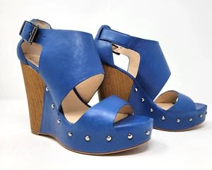 Vince Camuto Matta Cerulean Blue Vachetta Leather Studded Platform Wedge Size 8 - Picture 1 of 9