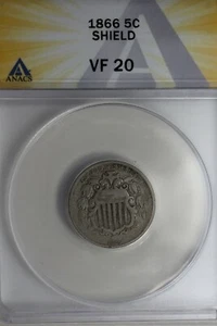 1866 .05 ANACS  VF 20 SHIELD Shield Nickel, First ?Nickels? First Nickels - Picture 1 of 2