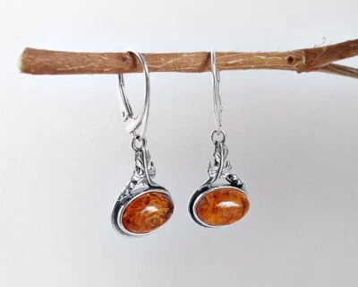 Bernstein Ohrhänger Silber 925 Ohrringe oval  braun echt Sterlingsilber  bj153 - Bild 1 von 2