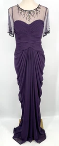 ADRIANNA PAPELL womens size 12 Ruched beaded Purple mesh top Drape Gathered Gown - Picture 1 of 13