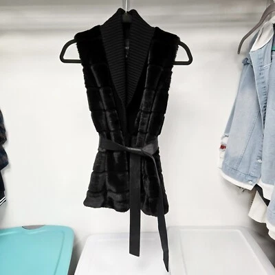 LAFAYETTE 148 Barton Faux Fur Vest Leather Belt Shawl Collar Black Size P - Image 1 of 4