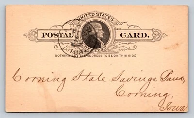 1886 UX9 Postal Card EXCHANGE BANK In ADAIR IA To Corning State Savings Bank IA - Image 1 of 3