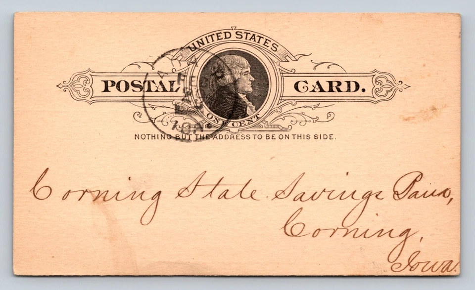 1886 UX9 Postal Card EXCHANGE BANK In ADAIR IA To Corning State Savings Bank IA - Image 1 of 3