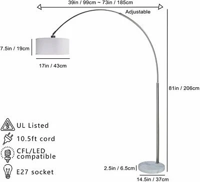 Adjustable Tall Steel Arch Arching  Marble Base & White Shade Floor Lamp 81"H - Image 1 of 4