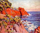 Oil painting Armand-Guillaumin-Rocks-on-the-Coast-at-Agay with trees rock canvas