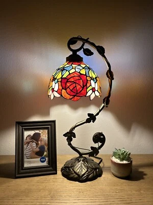 ENJOY DECOR LAMPS Tiffany Style Table Lamp Stained Glass Rose Flowers LED Bulb 11"W*8"D*21"H