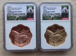 A Pair NGC PF69 China 40mm Scallop Brass & Copper Panda Medals - Yuyuan Garden - Picture 1 of 2