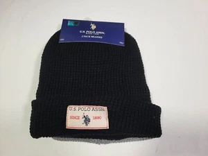 US Polo Assn  Boys Youth  8/20  2 Piece Fold over Winter Beanies Hats Gray Black - Picture 1 of 10