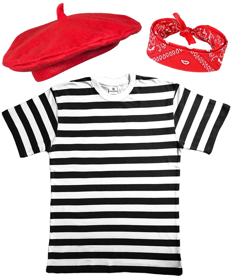 Kids French Man Costume T-Shirt Red Beret Scarf Bastille Day Fancy Dress Outfit - Image 1 of 1