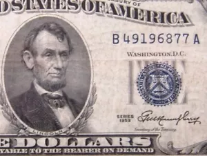 USA $5 1953 B49196877A # SILVER Certificate BLUE Seal Lincoln Money America - Picture 1 of 3