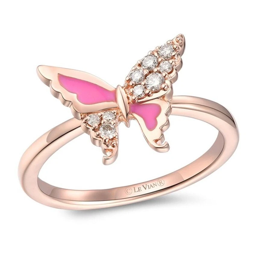Anillo de cóctel LeVian de oro rosa de 14 quilates con esmalte amarillo y diamante de 0,12 TCW talla 8,5 Foto 1 de 4