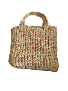 Hand Knitted Raffia Bag Crochet Trim Adriafil Raffia & Colinette Giotto Yarn - Picture 1 of 5