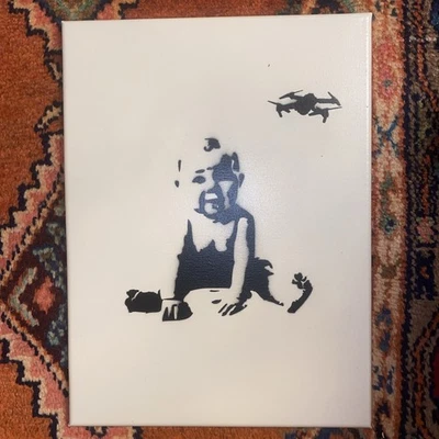 Ghosti Baby with Drone Painting On Canvas Reno NV Street Art 12”x16” BANKSY - Image 1 of 4